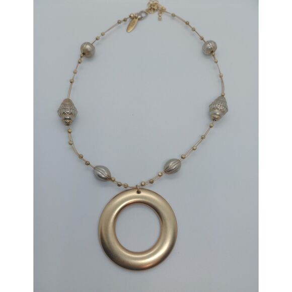 NY Gold Tone Floating Bead Circle Pendant 16-19" Multi Strand Wire Necklace - Picture 2 of 7